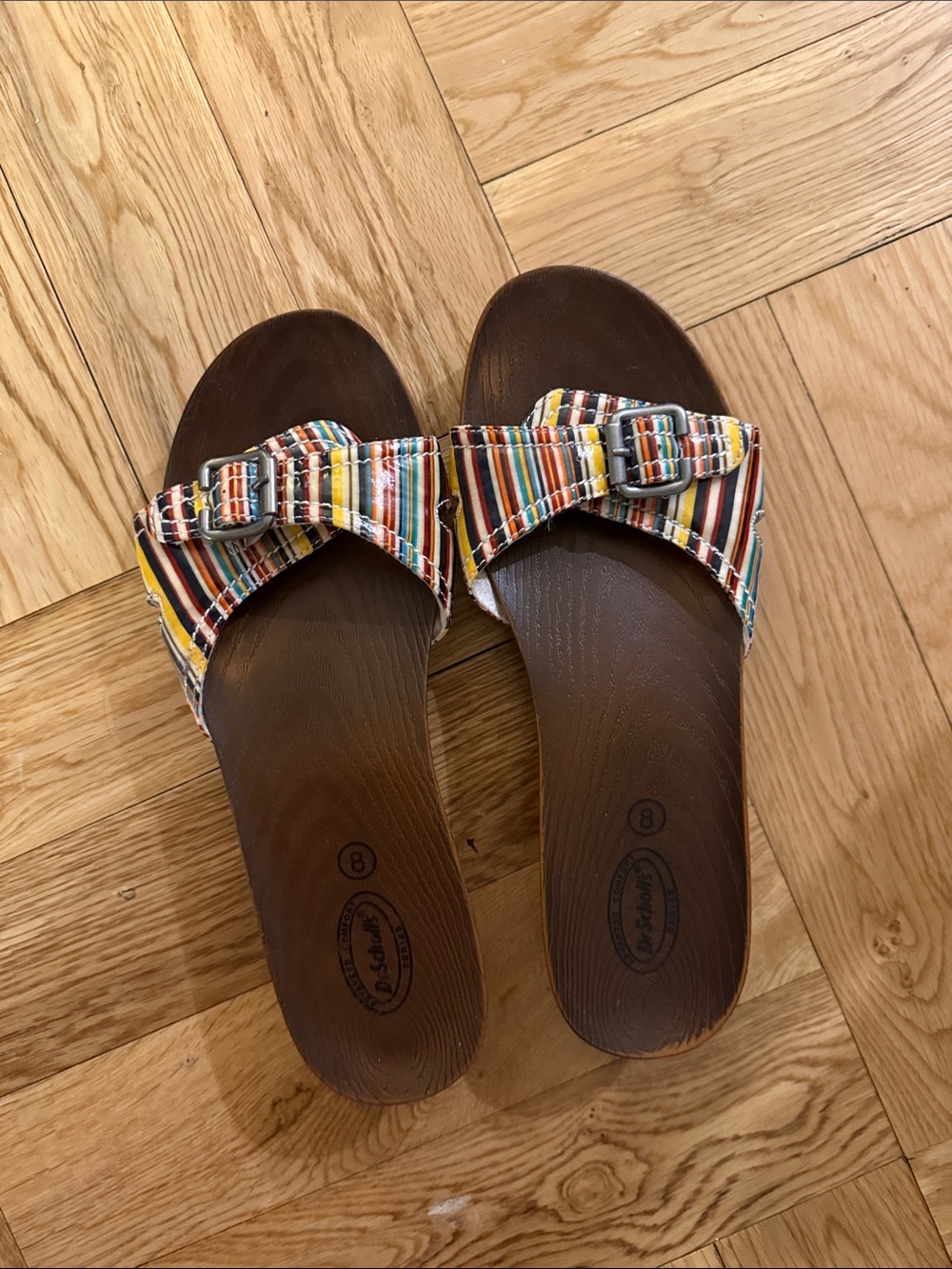 Dr. Scholl's Rainbow Stripe Faux Wood Buckle Sandals Slip On Open Toe Size 8